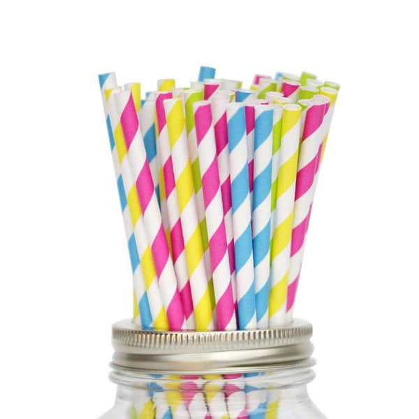 AussieSuperStore Party Essentials Mixed Bright Striped Paper Straw 100 Set Mixed Bright Striped Paper Straw 100 Set | Party Supplies CBMPAPSTRAWMIXBRISTRIPPK